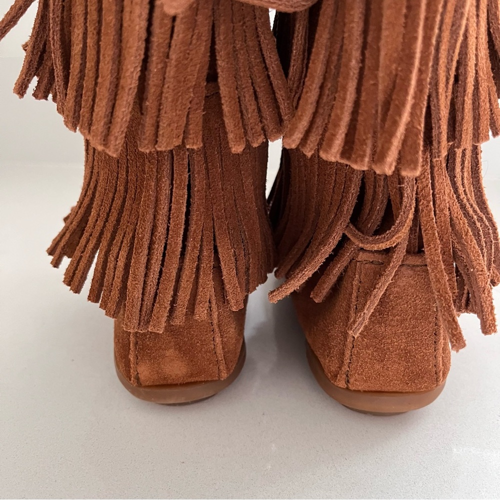 Minnetonka Triple Fringe Moccasins Suede Boots Girls Size 12 - Picture 6 of 9